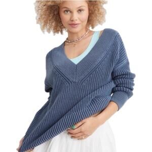 Aerie Women's Size XS Ribbed V-Neck Oversized Chunky Knit Pullover Sweater Blue‎